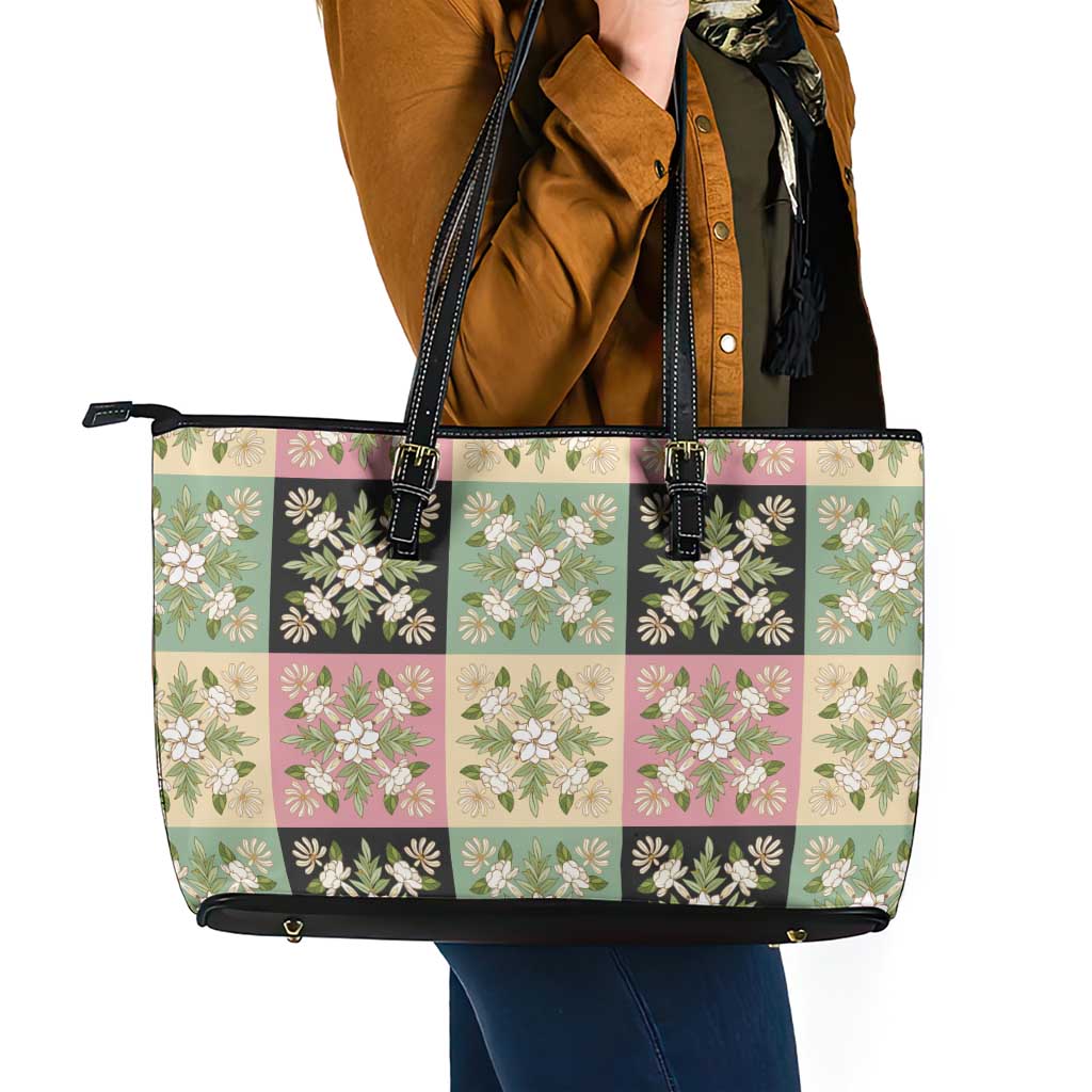 Seamless Pattern Maile and Pikake Lei Leather Tote Bag Squares Maile Leaf - Polynesian Pride