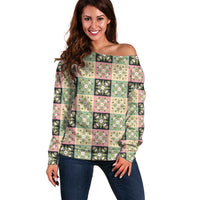 Seamless Pattern Maile and Pikake Lei Off Shoulder Sweater Squares Maile Leaf - Polynesian Pride