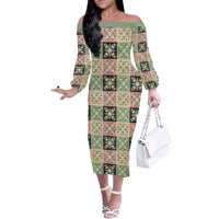 Seamless Pattern Maile and Pikake Lei Off The Shoulder Long Sleeve Dress Squares Maile Leaf LT9 Women Green - Polynesian Pride