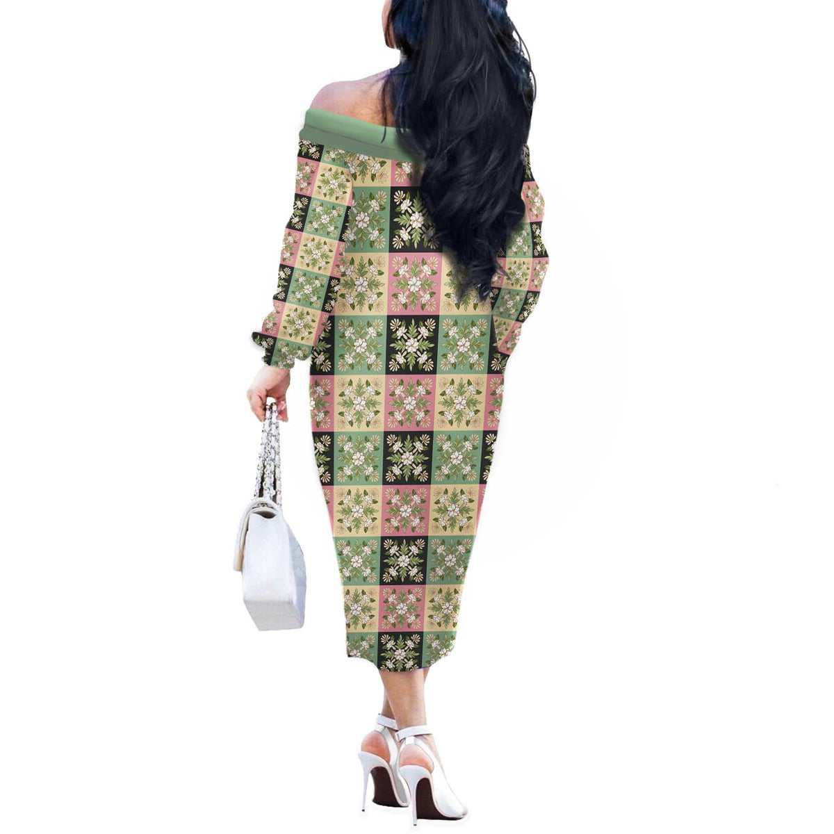 Seamless Pattern Maile and Pikake Lei Off The Shoulder Long Sleeve Dress Squares Maile Leaf LT9 - Polynesian Pride