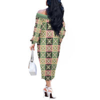 Seamless Pattern Maile and Pikake Lei Off The Shoulder Long Sleeve Dress Squares Maile Leaf LT9 - Polynesian Pride