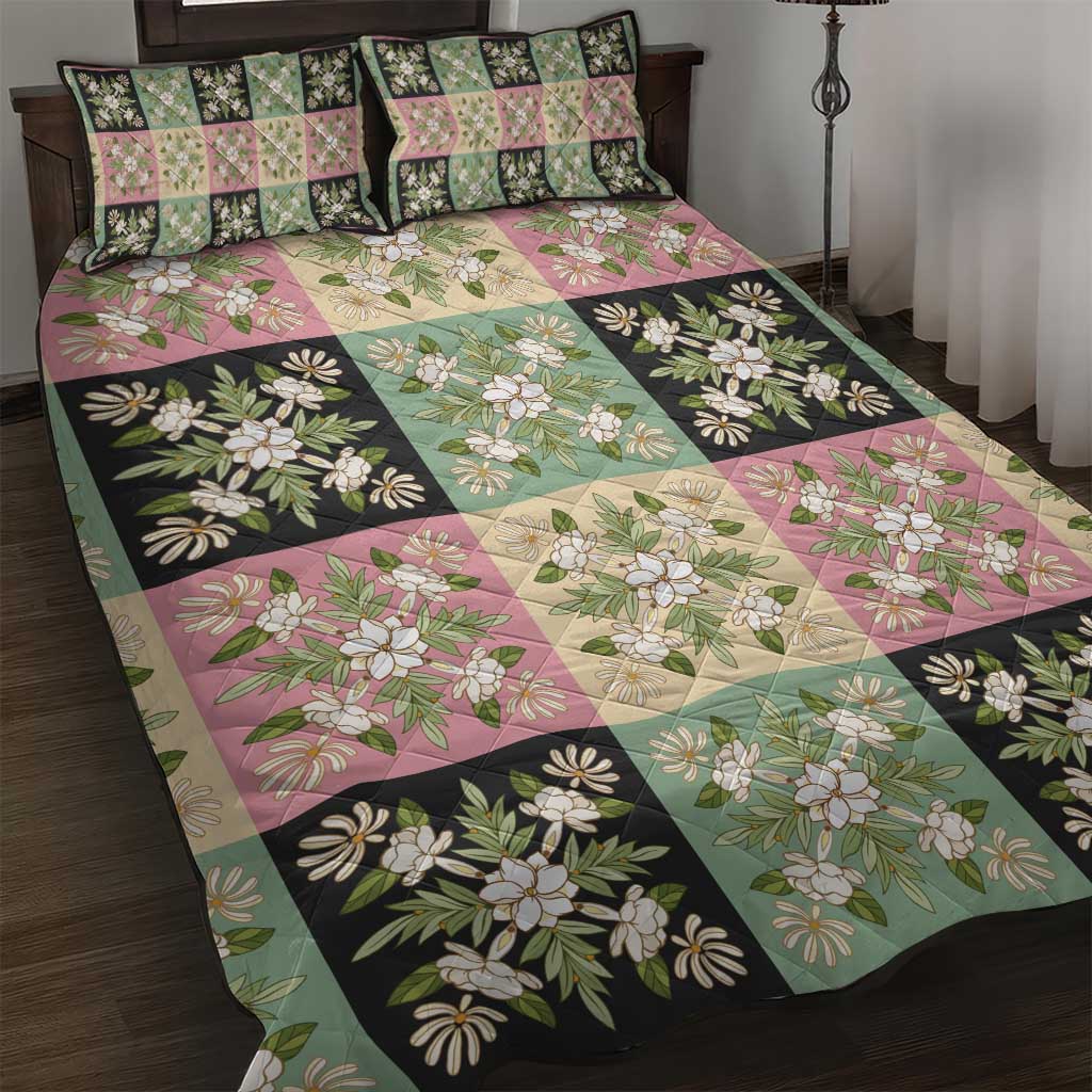 Seamless Pattern Maile and Pikake Lei Quilt Bed Set Squares Maile Leaf - Polynesian Pride