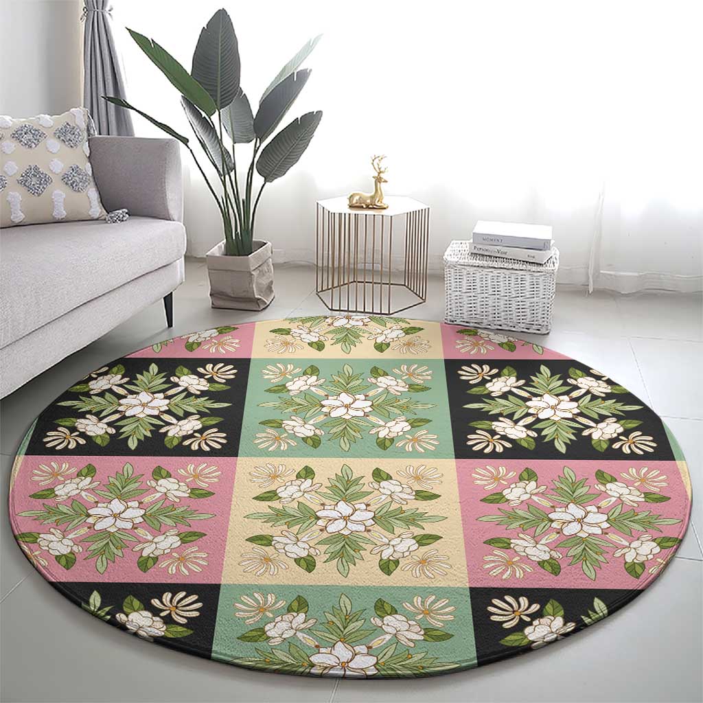 Seamless Pattern Maile and Pikake Lei Round Carpet Squares Maile Leaf - Polynesian Pride