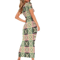 Seamless Pattern Maile and Pikake Lei Short Sleeve Bodycon Dress Squares Maile Leaf - Polynesian Pride