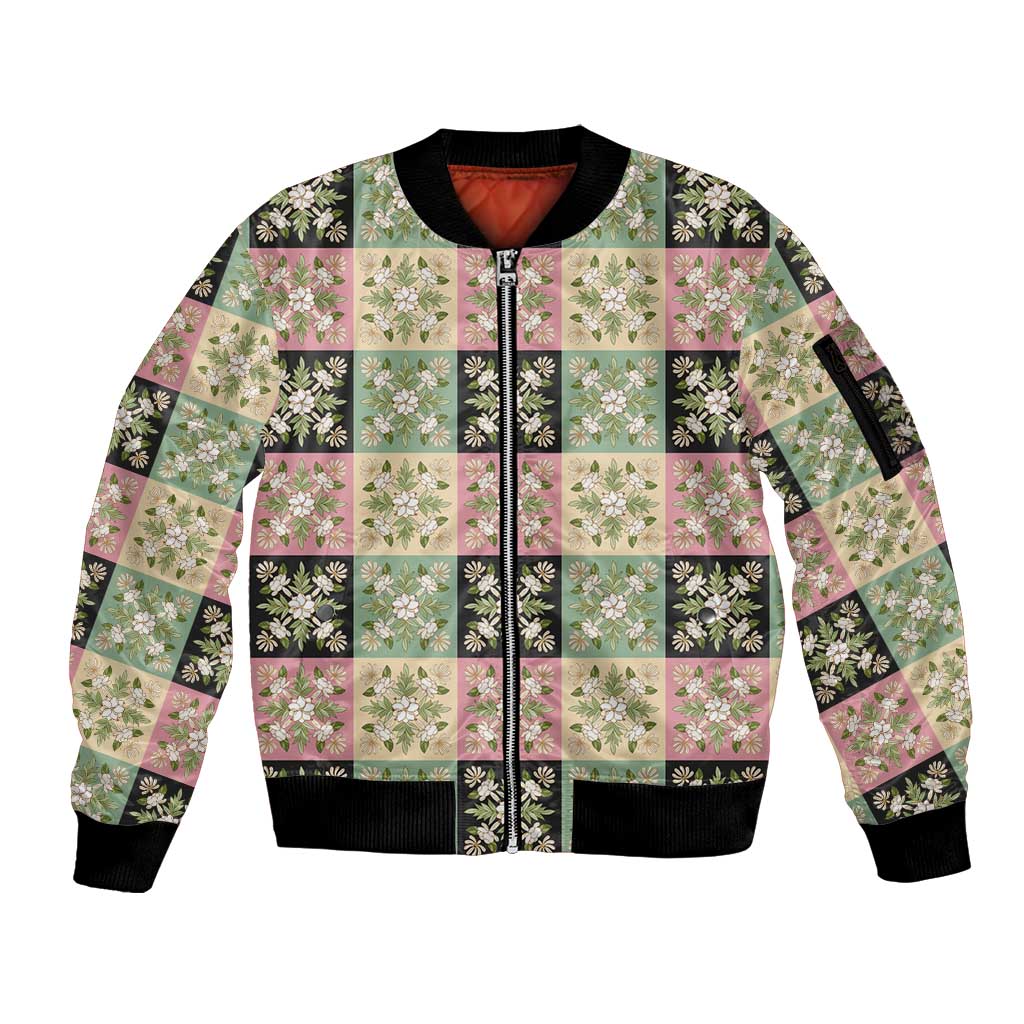Seamless Pattern Maile and Pikake Lei Sleeve Zip Bomber Jacket Squares Maile Leaf - Polynesian Pride