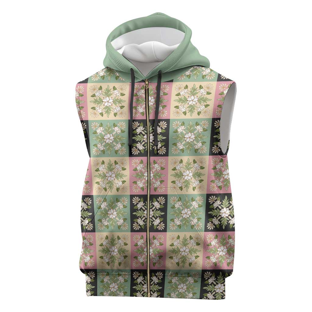 Seamless Pattern Maile and Pikake Lei Sleeveless Zip Hoodie Squares Maile Leaf - Polynesian Pride