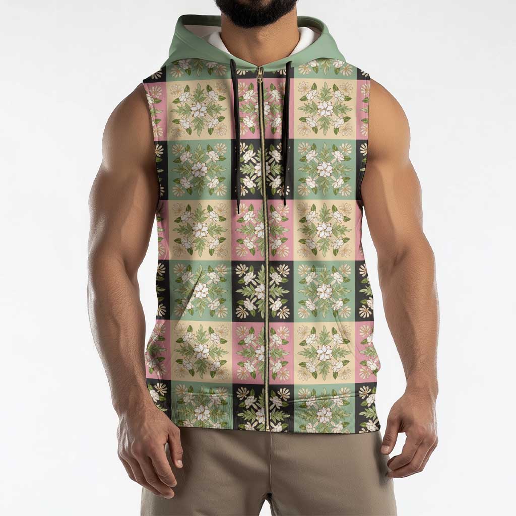 Seamless Pattern Maile and Pikake Lei Sleeveless Zip Hoodie Squares Maile Leaf - Polynesian Pride