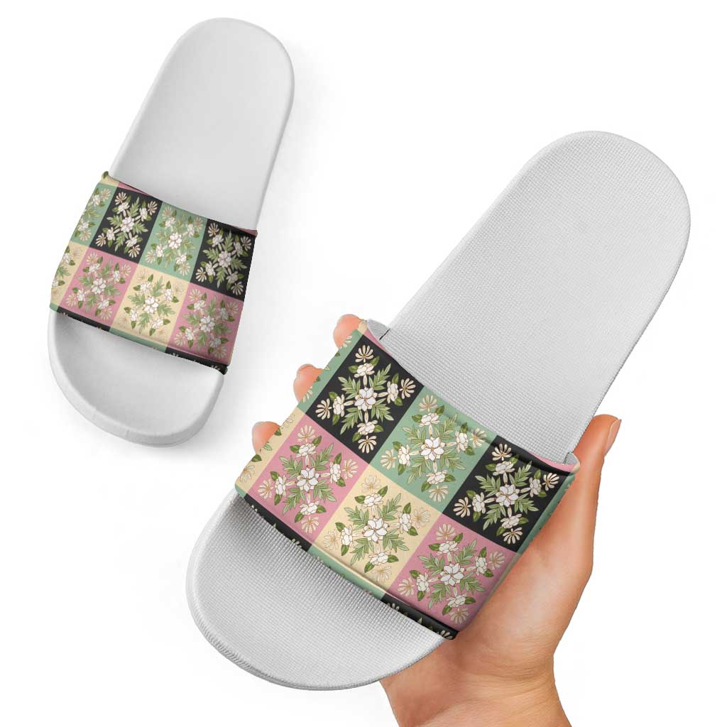 Seamless Pattern Maile and Pikake Lei Slide Sandals Squares Maile Leaf - Polynesian Pride