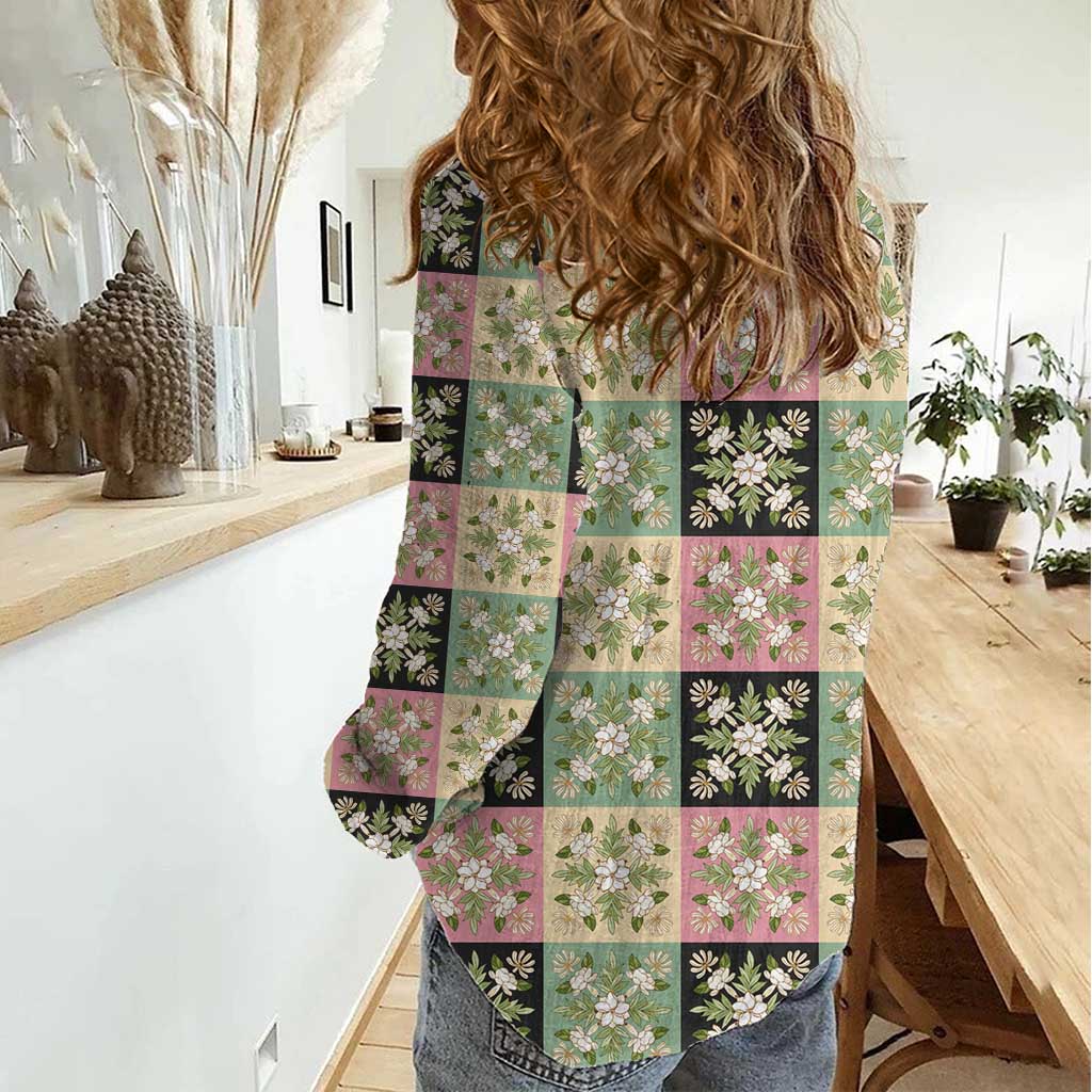 Seamless Pattern Maile and Pikake Lei Women Casual Shirt Squares Maile Leaf - Polynesian Pride