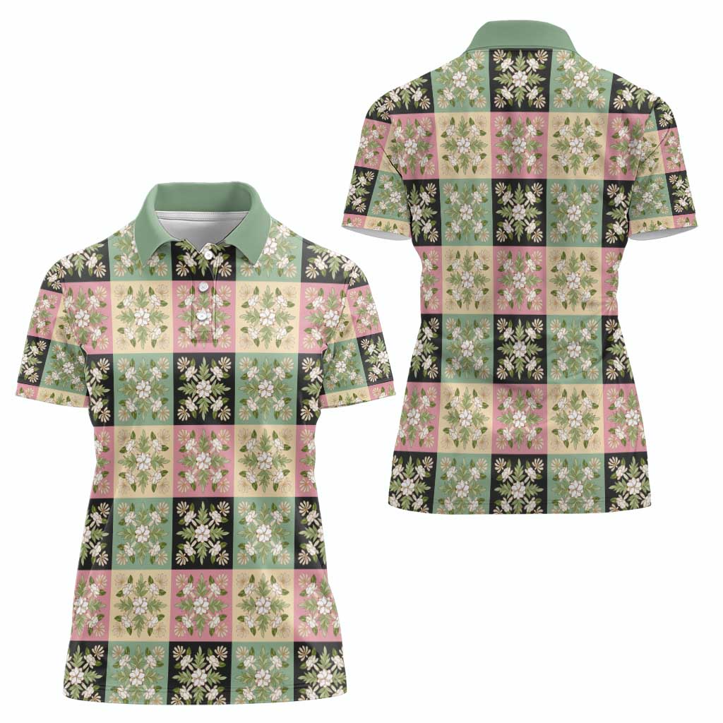 Seamless Pattern Maile and Pikake Lei Women Polo Shirt Squares Maile Leaf - Polynesian Pride