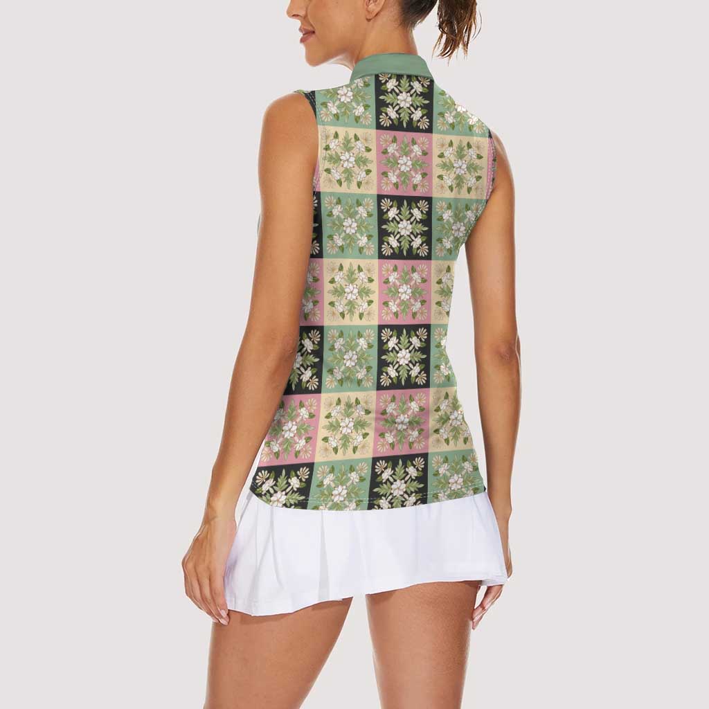 Seamless Pattern Maile and Pikake Lei Women Sleeveless Polo Shirt Squares Maile Leaf LT9 - Polynesian Pride