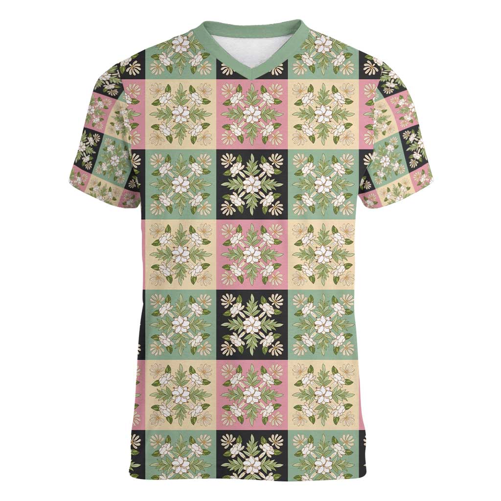 Seamless Pattern Maile and Pikake Lei Women V-Neck T-Shirt Squares Maile Leaf - Polynesian Pride