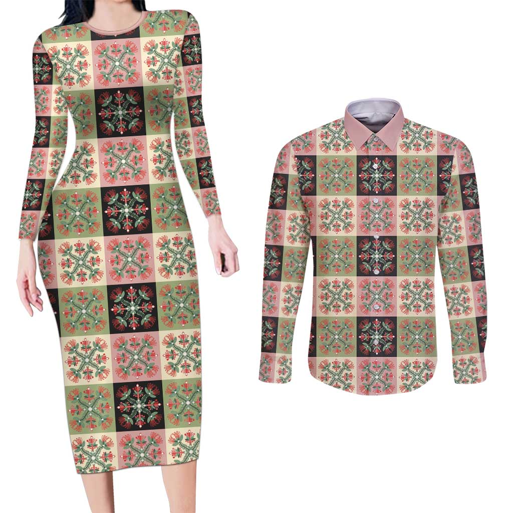 Seamless Pattern Pikake Lei Couples Matching Long Sleeve Bodycon Dress and Long Sleeve Button Shirt Floral Squares Pikake - Polynesian Pride