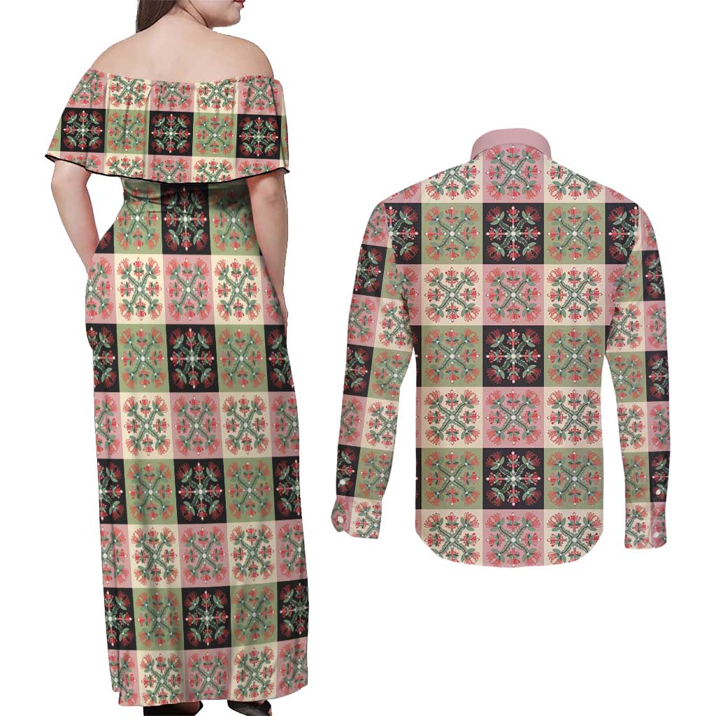 Seamless Pattern Pikake Lei Couples Matching Off Shoulder Maxi Dress and Long Sleeve Button Shirt Floral Squares Pikake - Polynesian Pride