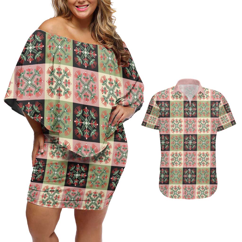 Seamless Pattern Pikake Lei Couples Matching Off Shoulder Short Dress and Hawaiian Shirt Floral Squares Pikake - Polynesian Pride
