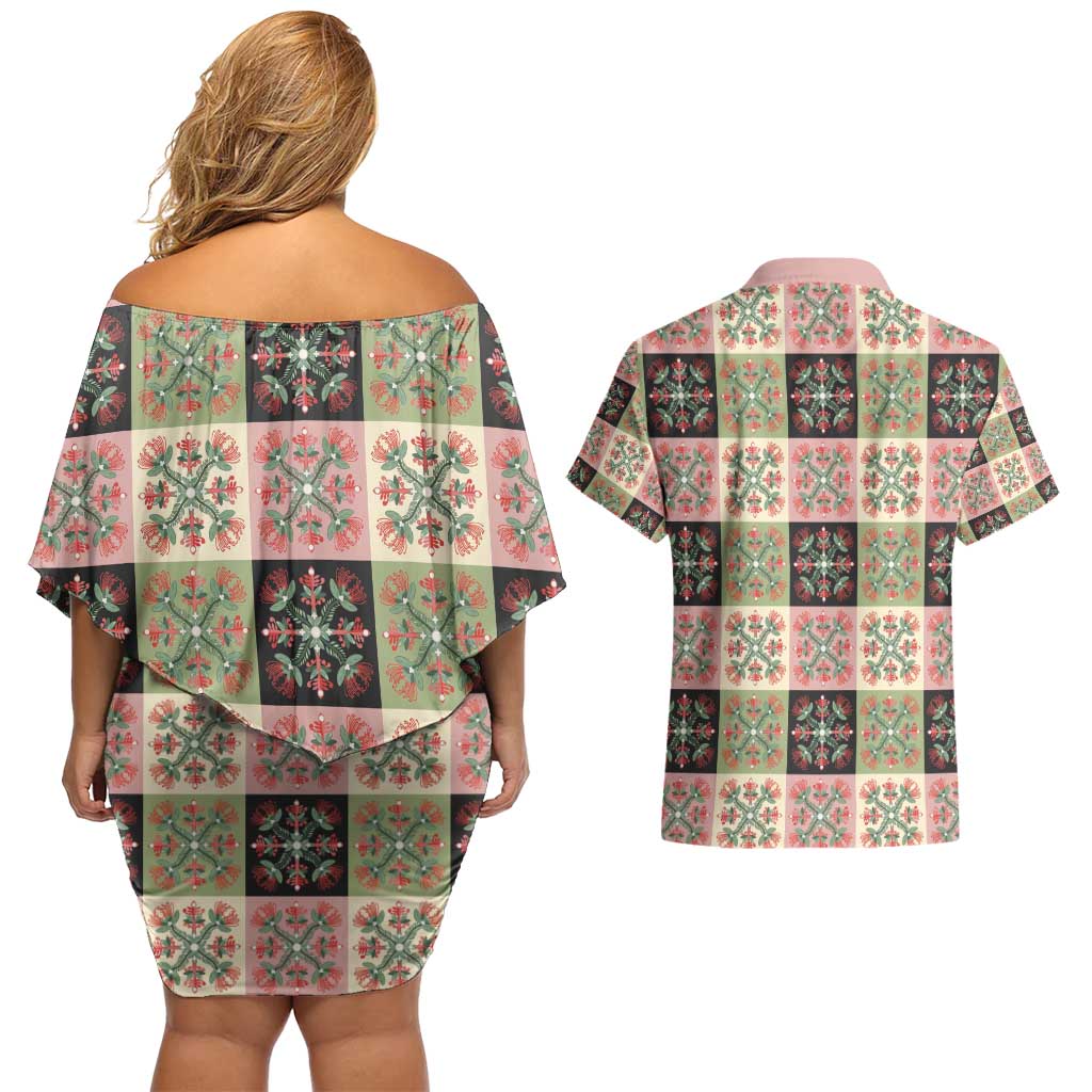 Seamless Pattern Pikake Lei Couples Matching Off Shoulder Short Dress and Hawaiian Shirt Floral Squares Pikake - Polynesian Pride