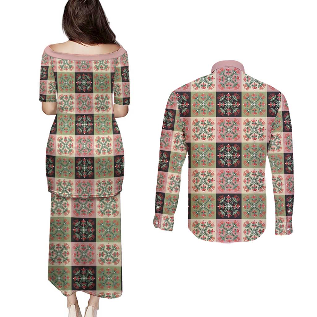 Seamless Pattern Pikake Lei Couples Matching Puletasi and Long Sleeve Button Shirt Floral Squares Pikake LT9 - Polynesian Pride