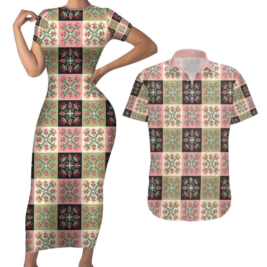 Seamless Pattern Pikake Lei Couples Matching Short Sleeve Bodycon Dress and Hawaiian Shirt Floral Squares Pikake - Polynesian Pride