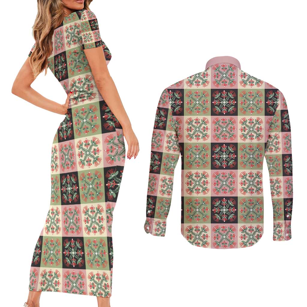 Seamless Pattern Pikake Lei Couples Matching Short Sleeve Bodycon Dress and Long Sleeve Button Shirt Floral Squares Pikake - Polynesian Pride