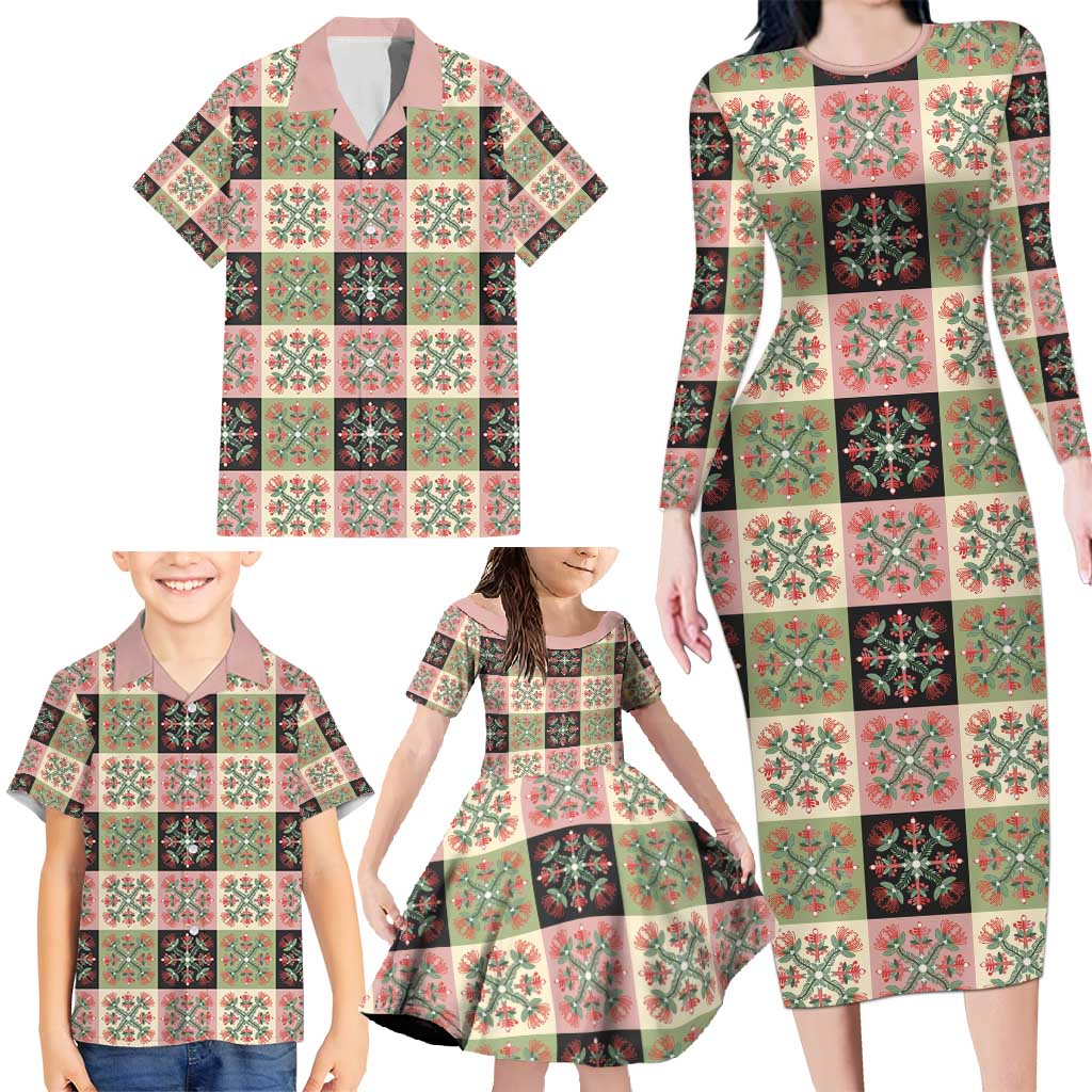 Seamless Pattern Pikake Lei Family Matching Long Sleeve Bodycon Dress and Hawaiian Shirt Floral Squares Pikake - Polynesian Pride