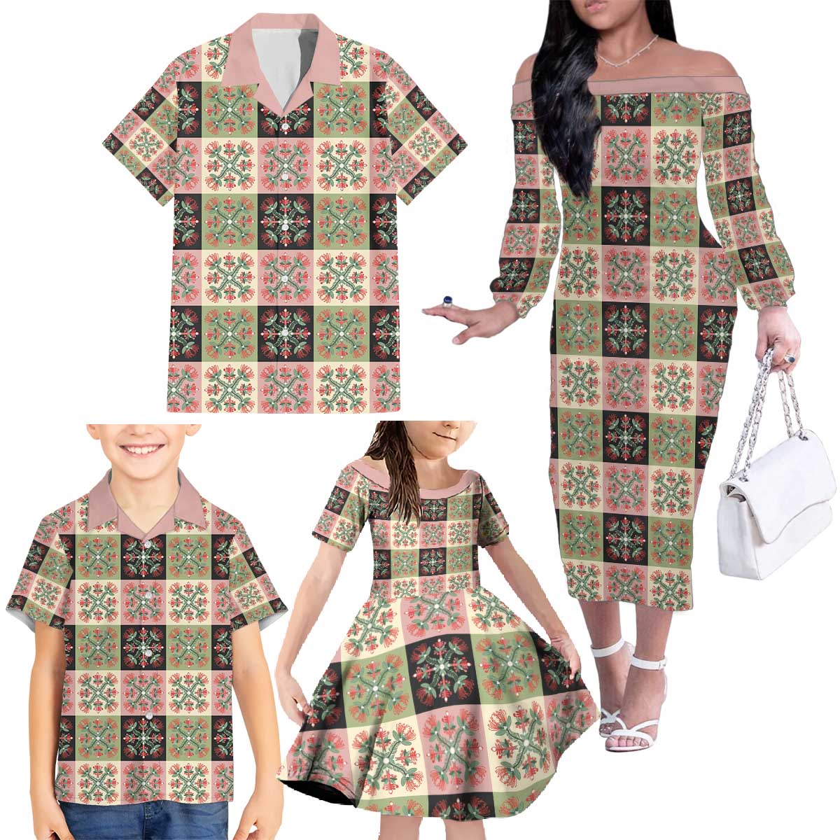 Seamless Pattern Pikake Lei Family Matching Off The Shoulder Long Sleeve Dress and Hawaiian Shirt Floral Squares Pikake - Polynesian Pride