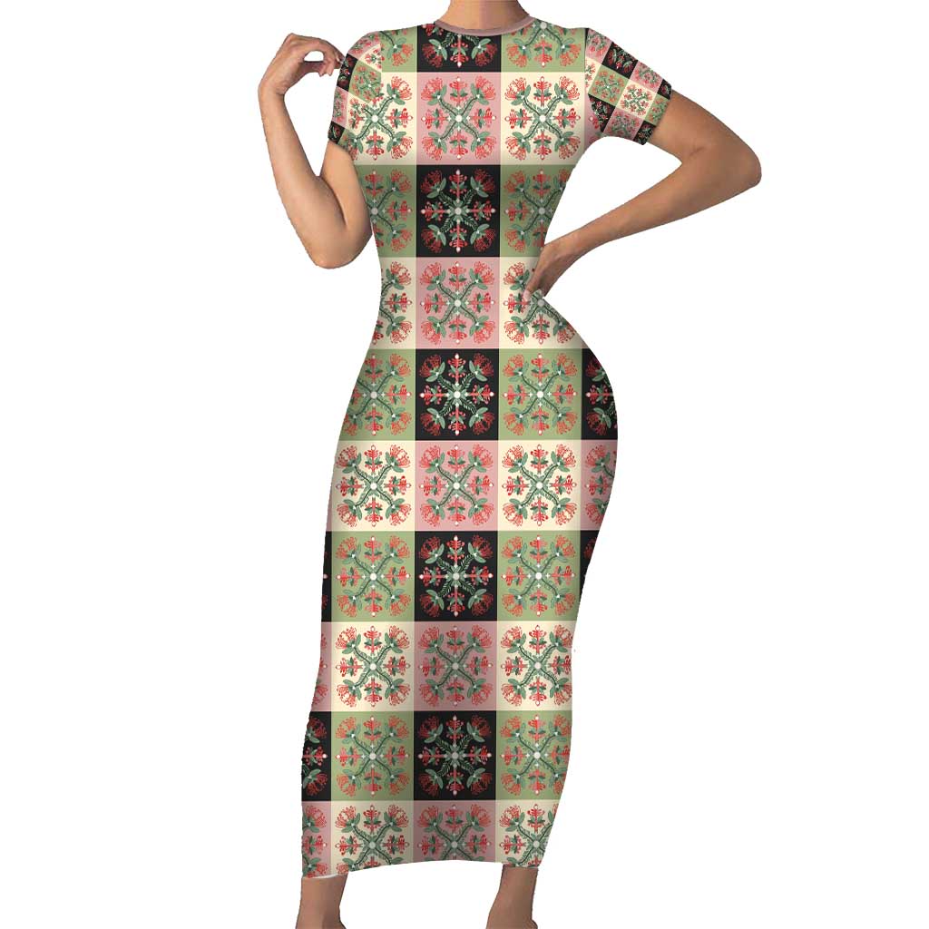 Seamless Pattern Pikake Lei Short Sleeve Bodycon Dress Floral Squares Pikake - Polynesian Pride
