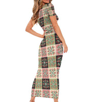 Seamless Pattern Pikake Lei Short Sleeve Bodycon Dress Floral Squares Pikake LT9 - Polynesian Pride