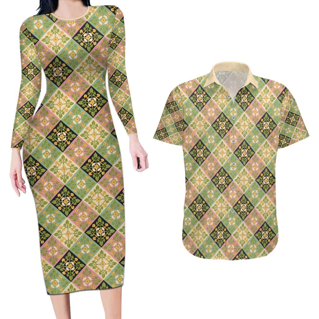 Seamless Pattern Puakenikeni and Kalo Couples Matching Long Sleeve Bodycon Dress and Hawaiian Shirt - Polynesian Pride