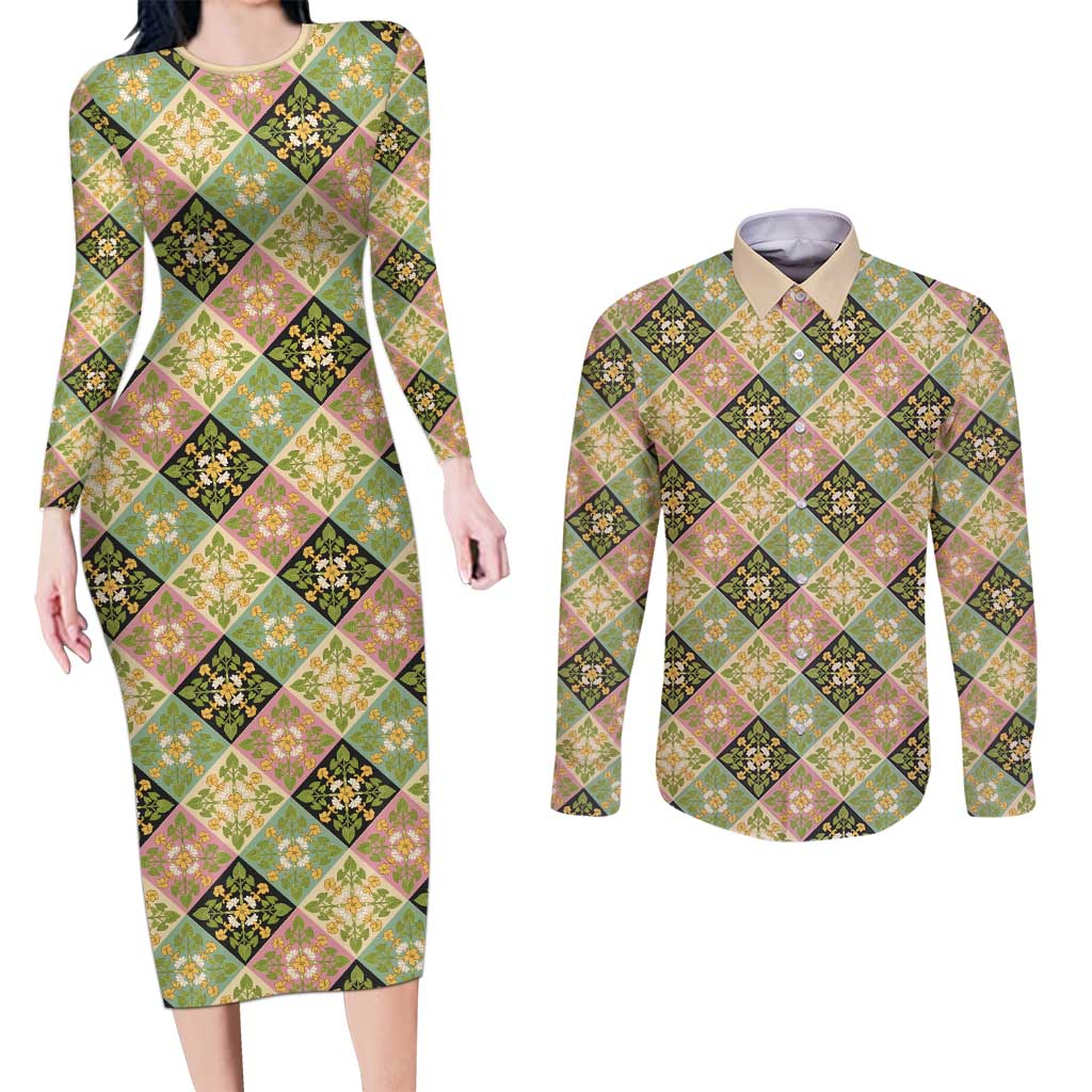 Seamless Pattern Puakenikeni and Kalo Couples Matching Long Sleeve Bodycon Dress and Long Sleeve Button Shirt - Polynesian Pride