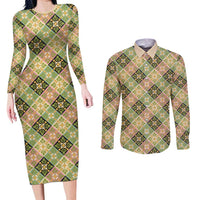 Seamless Pattern Puakenikeni and Kalo Couples Matching Long Sleeve Bodycon Dress and Long Sleeve Button Shirt - Polynesian Pride
