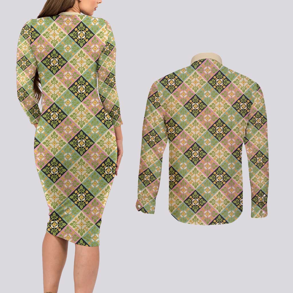 Seamless Pattern Puakenikeni and Kalo Couples Matching Long Sleeve Bodycon Dress and Long Sleeve Button Shirt - Polynesian Pride
