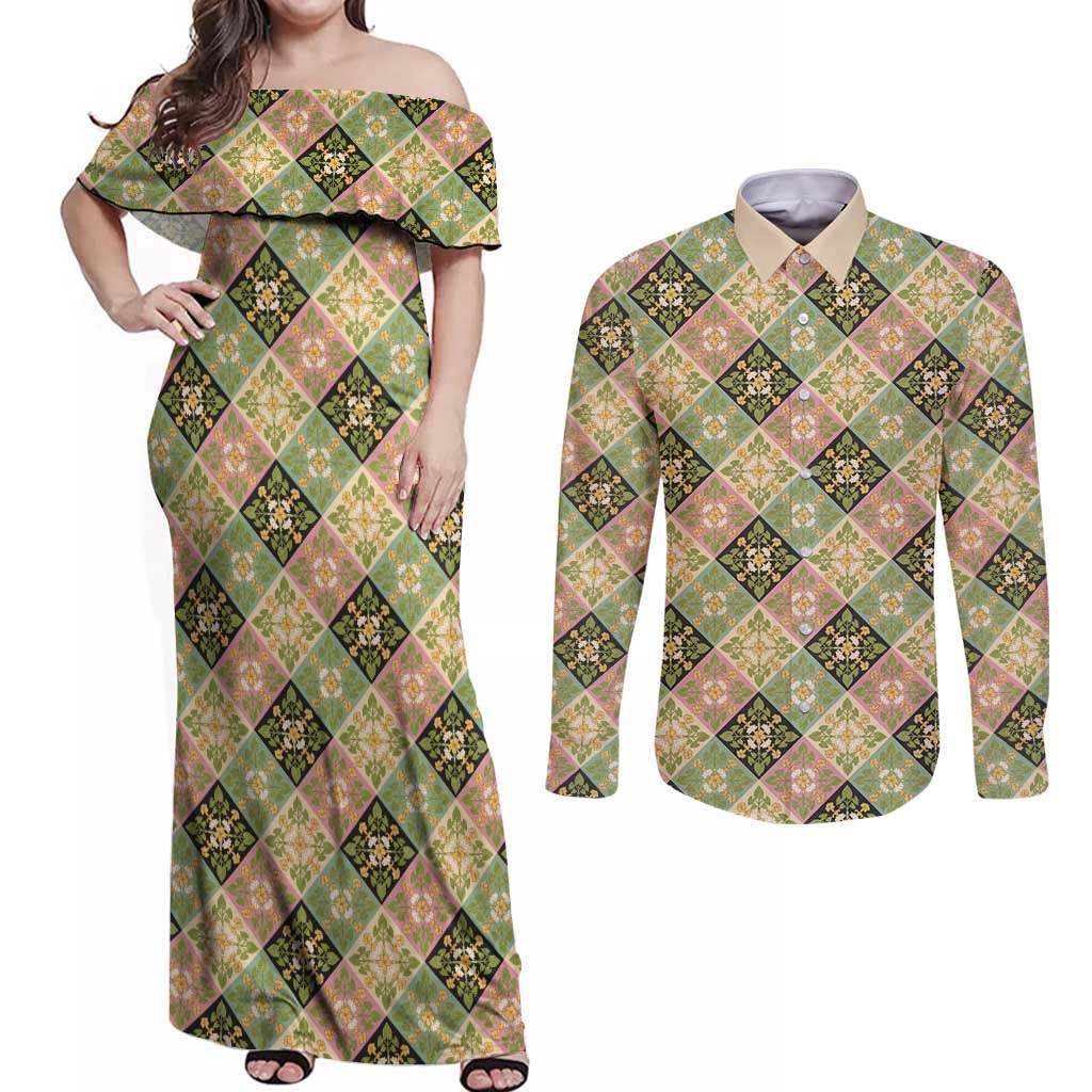 Seamless Pattern Puakenikeni and Kalo Couples Matching Off Shoulder Maxi Dress and Long Sleeve Button Shirt - Polynesian Pride