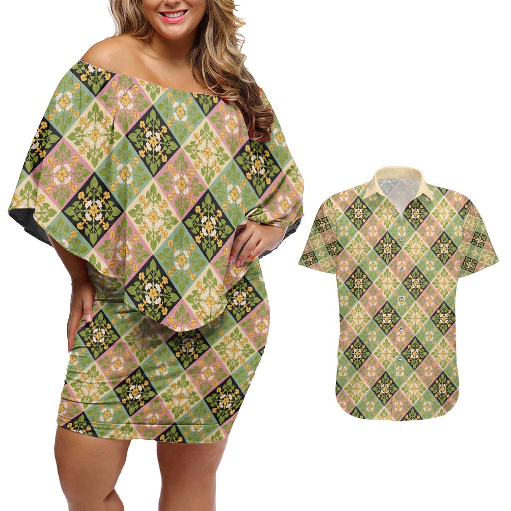 Seamless Pattern Puakenikeni and Kalo Couples Matching Off Shoulder Short Dress and Hawaiian Shirt - Polynesian Pride