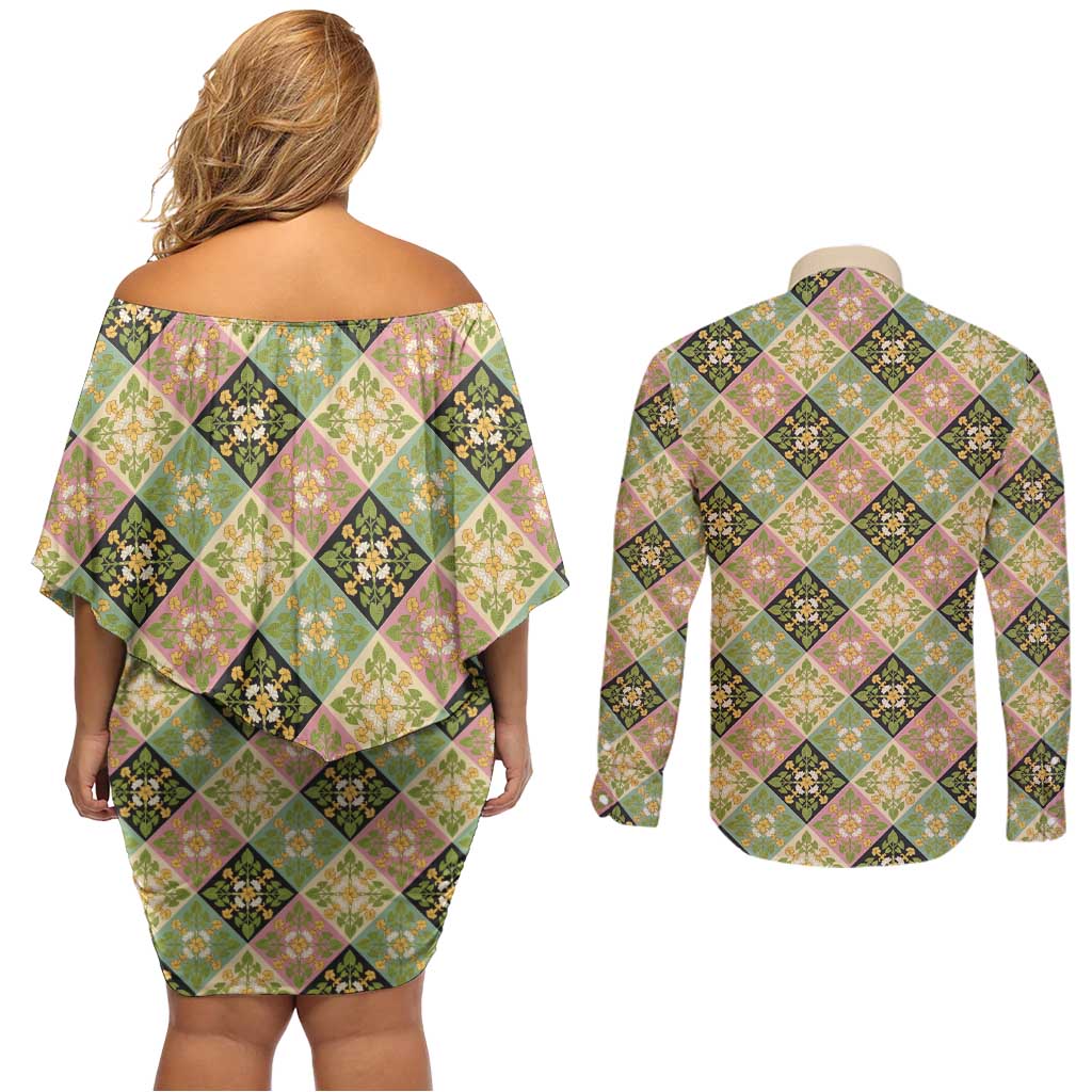 Seamless Pattern Puakenikeni and Kalo Couples Matching Off Shoulder Short Dress and Long Sleeve Button Shirt - Polynesian Pride