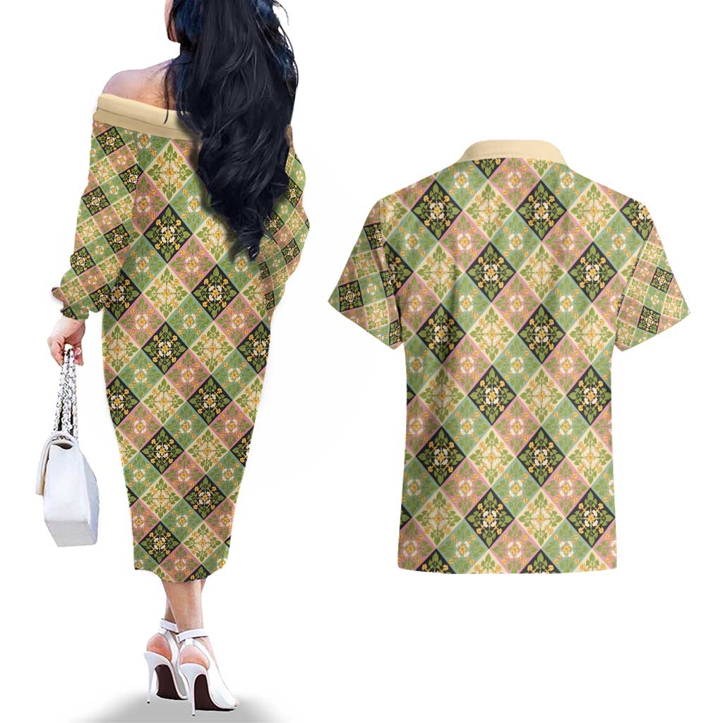 Seamless Pattern Puakenikeni and Kalo Couples Matching Off The Shoulder Long Sleeve Dress and Hawaiian Shirt - Polynesian Pride