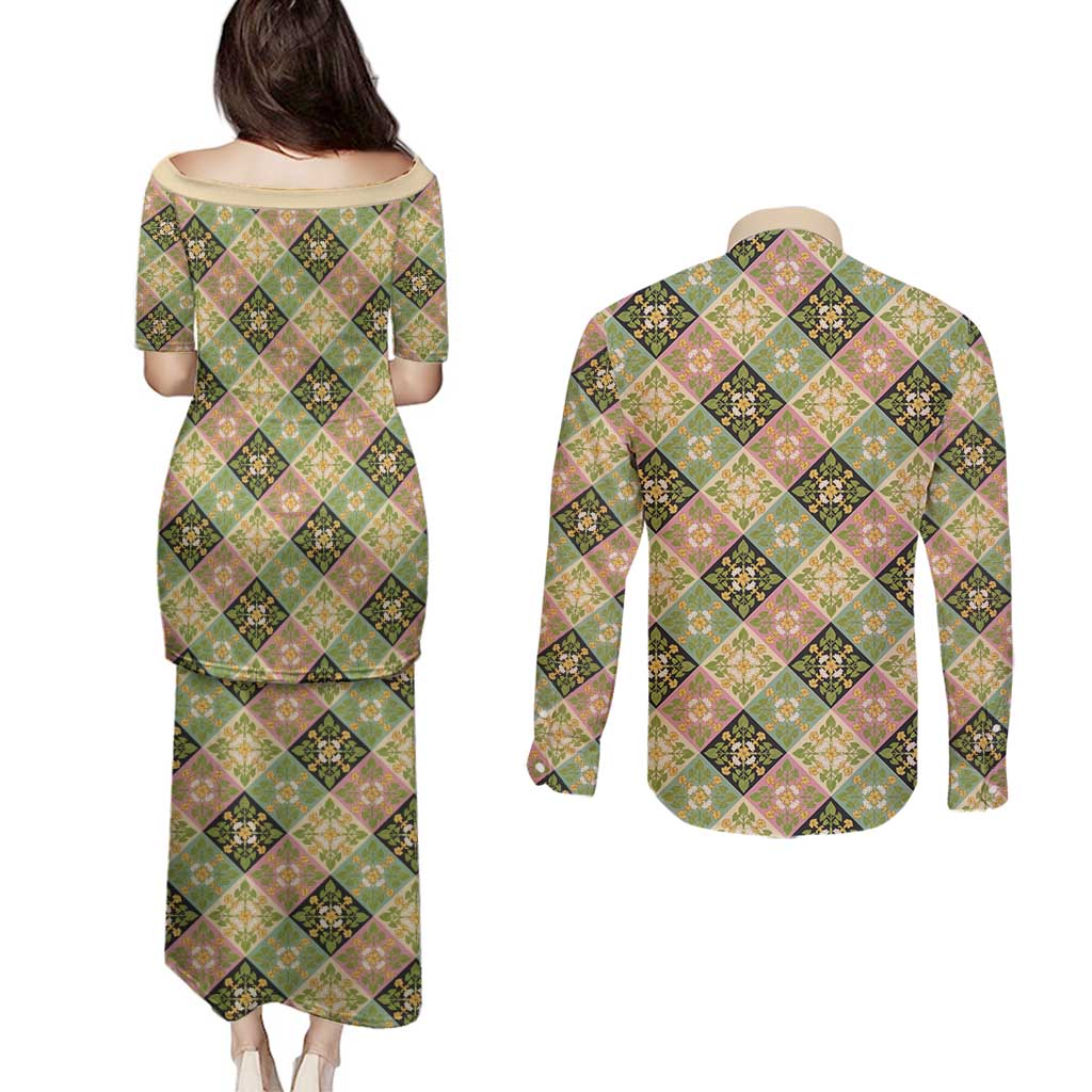 Seamless Pattern Puakenikeni and Kalo Couples Matching Puletasi and Long Sleeve Button Shirt LT9 - Polynesian Pride