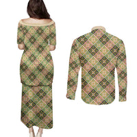 Seamless Pattern Puakenikeni and Kalo Couples Matching Puletasi and Long Sleeve Button Shirt LT9 - Polynesian Pride
