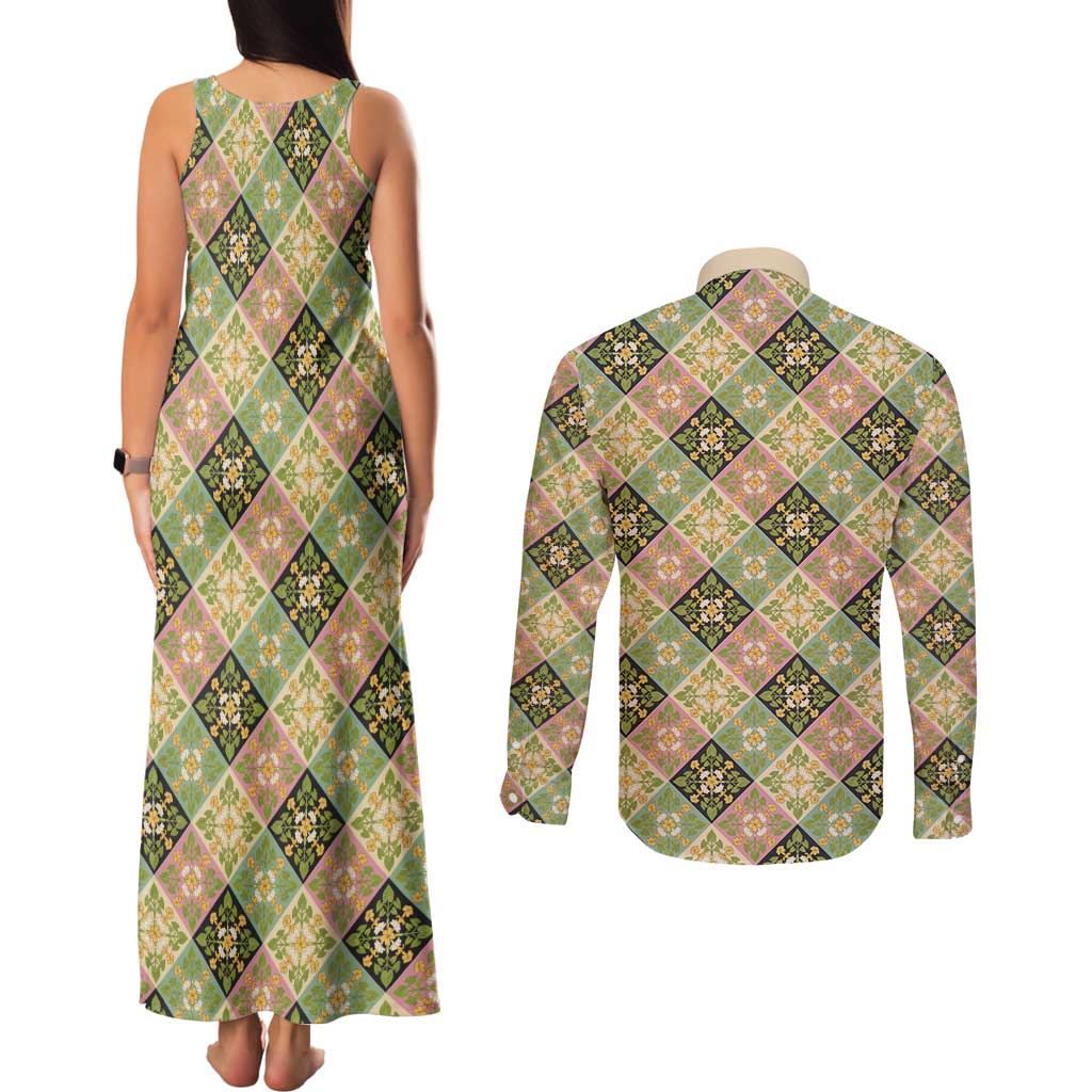 Seamless Pattern Puakenikeni and Kalo Couples Matching Tank Maxi Dress and Long Sleeve Button Shirt - Polynesian Pride