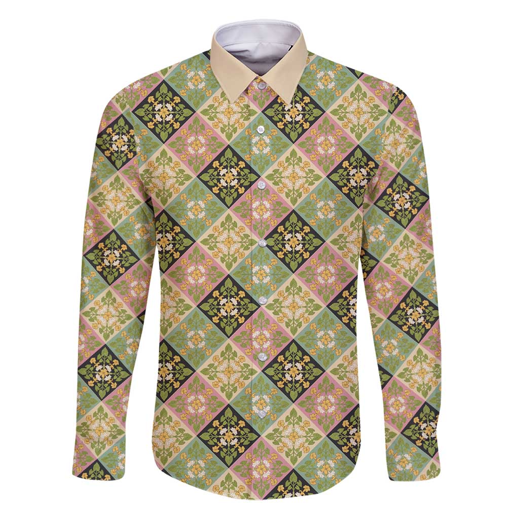 Seamless Pattern Puakenikeni and Kalo Family Matching Long Sleeve Bodycon Dress and Hawaiian Shirt - Polynesian Pride