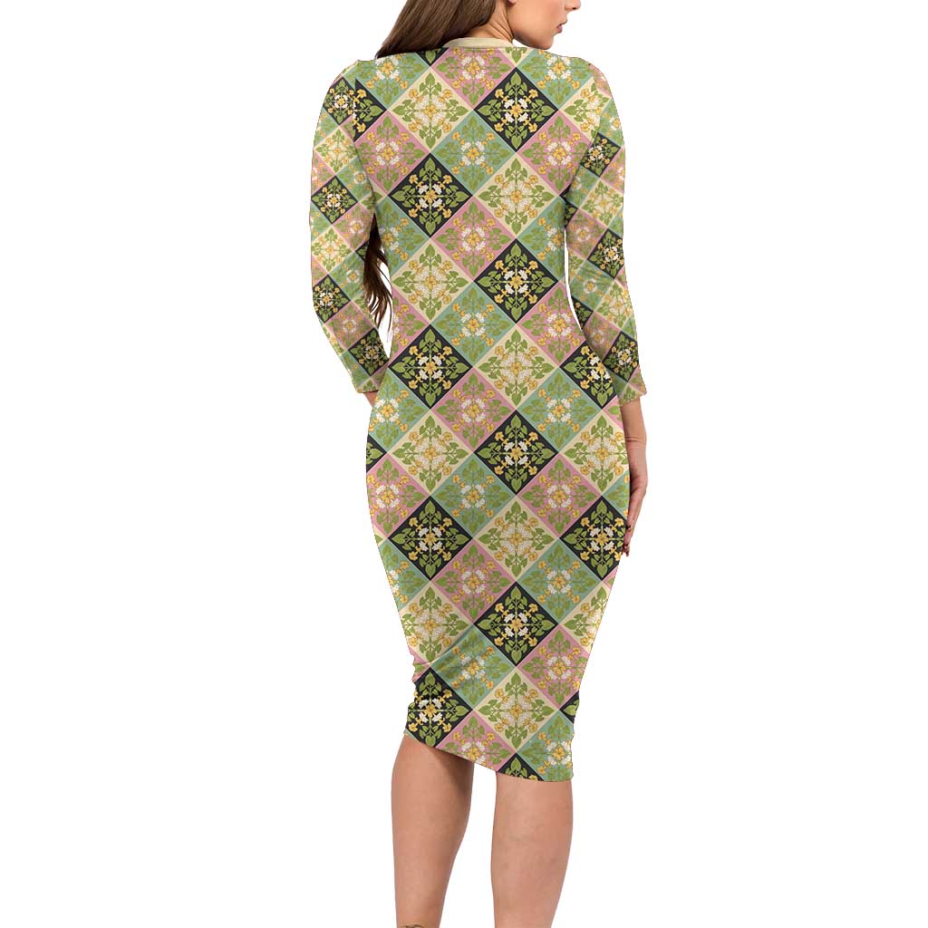 Seamless Pattern Puakenikeni and Kalo Family Matching Long Sleeve Bodycon Dress and Hawaiian Shirt - Polynesian Pride