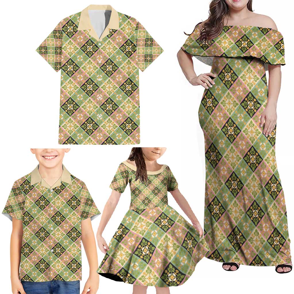 Seamless Pattern Puakenikeni and Kalo Family Matching Off Shoulder Maxi Dress and Hawaiian Shirt - Polynesian Pride