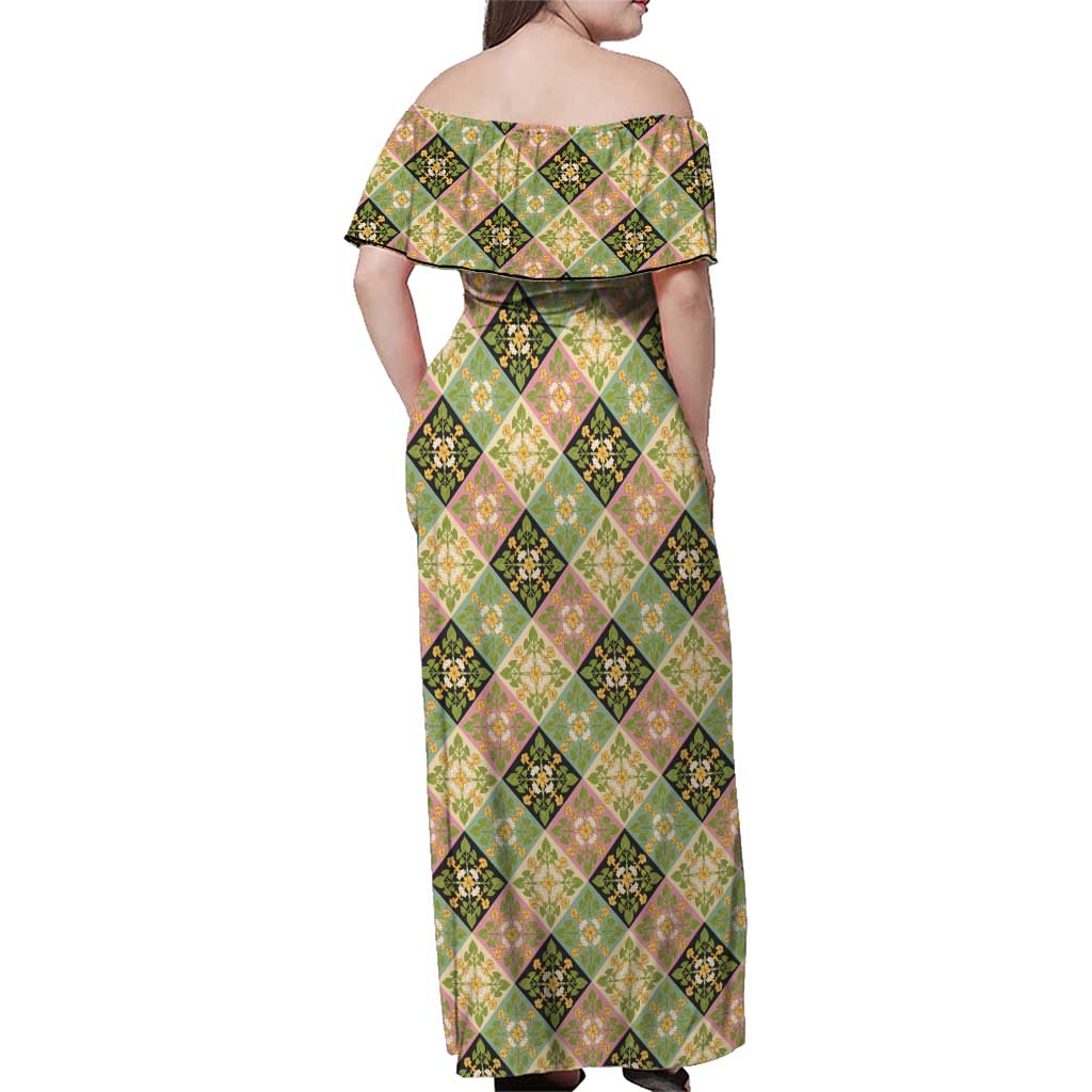 Seamless Pattern Puakenikeni and Kalo Family Matching Off Shoulder Maxi Dress and Hawaiian Shirt - Polynesian Pride