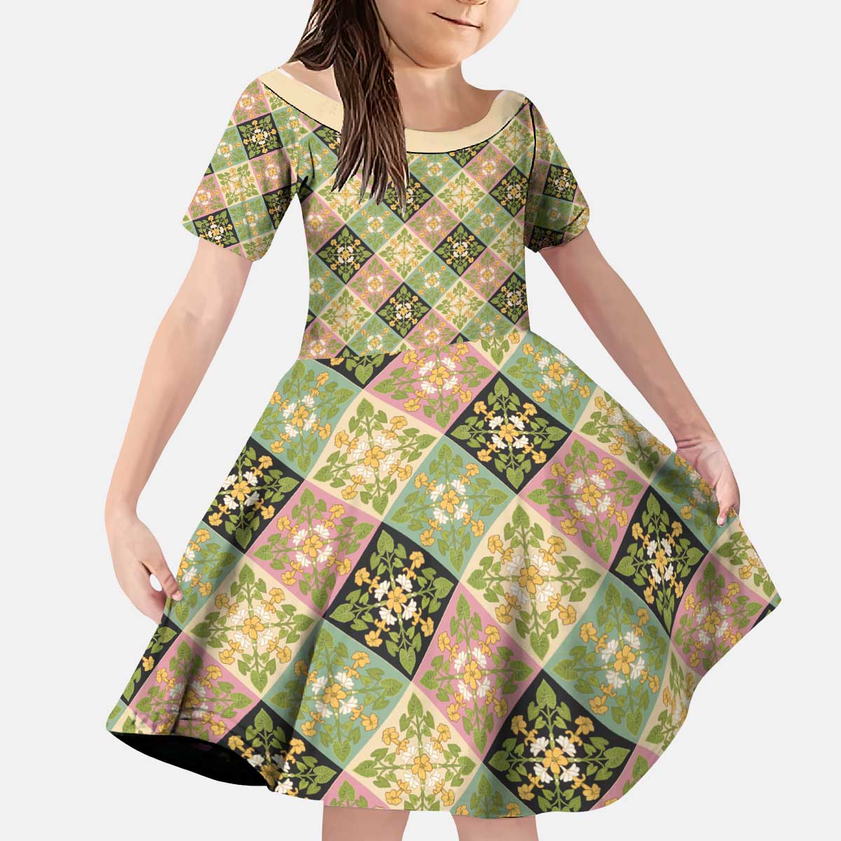 Seamless Pattern Puakenikeni and Kalo Kid Short Sleeve Dress LT9 KID Beige - Polynesian Pride