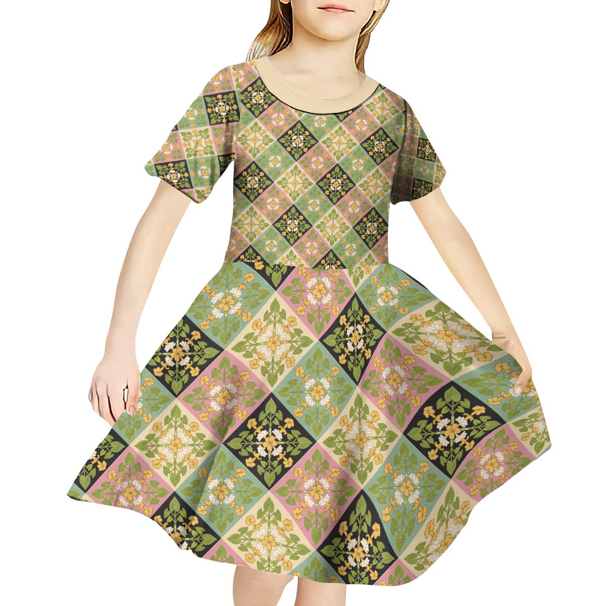 Seamless Pattern Puakenikeni and Kalo Kid Short Sleeve Dress LT9 - Polynesian Pride
