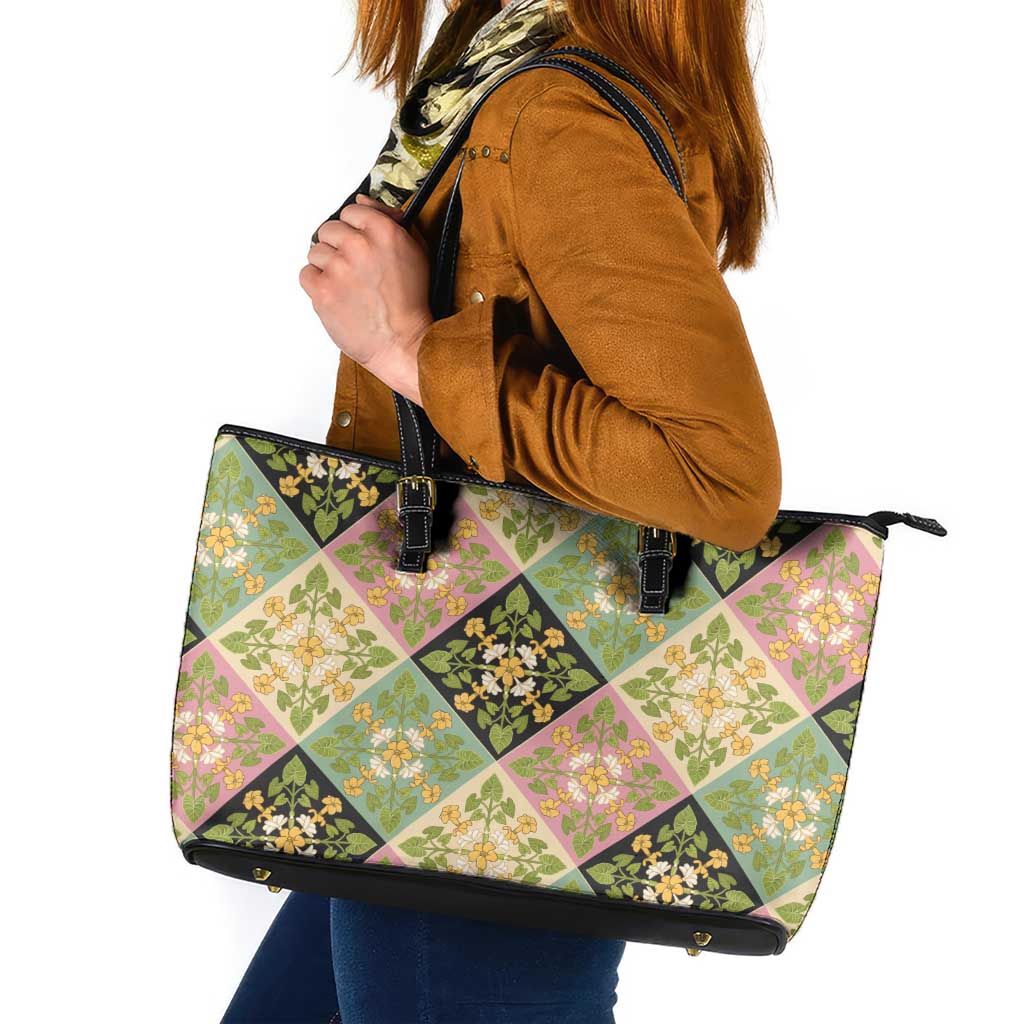 Seamless Pattern Puakenikeni and Kalo Leather Tote Bag - Polynesian Pride