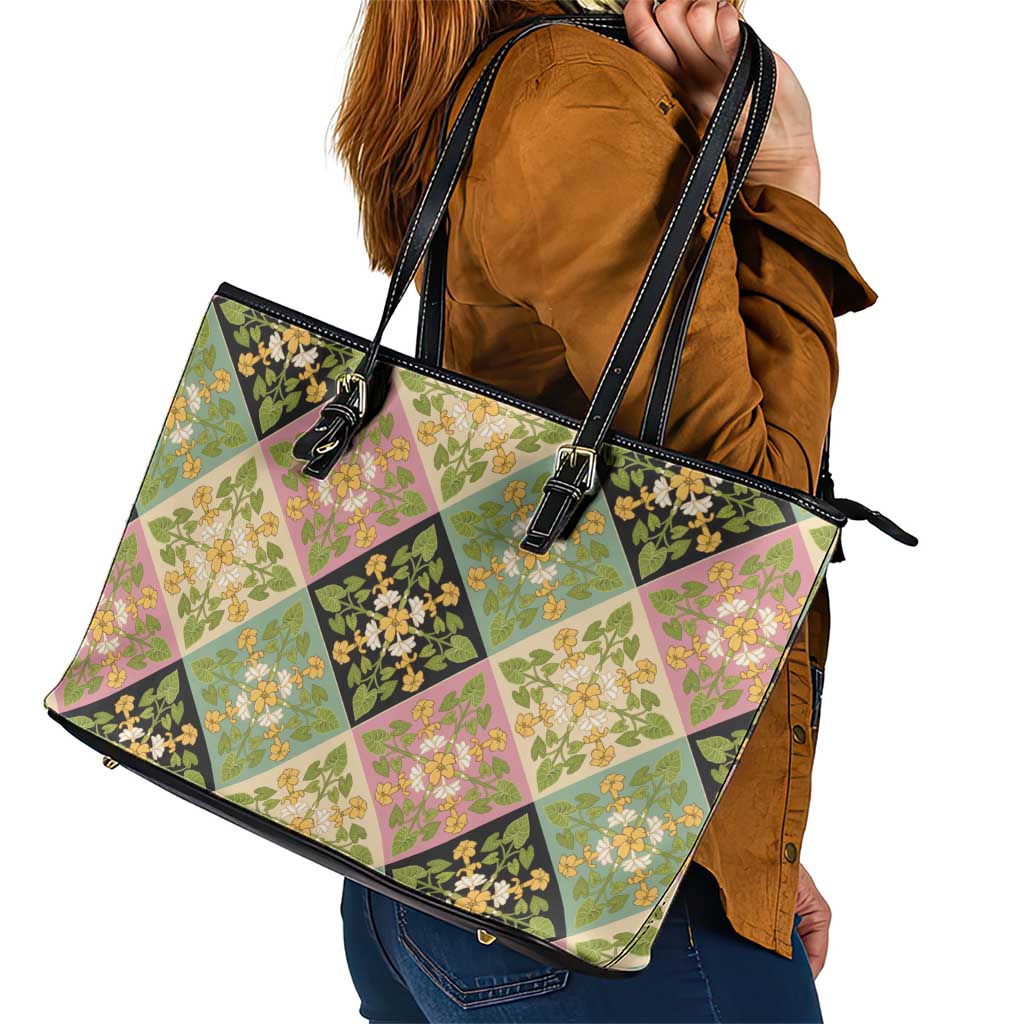 Seamless Pattern Puakenikeni and Kalo Leather Tote Bag - Polynesian Pride