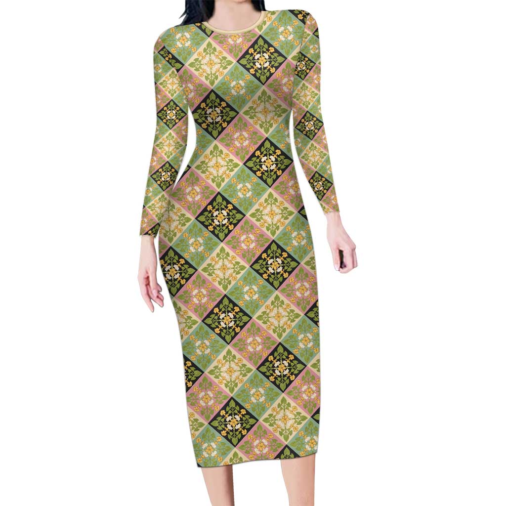Seamless Pattern Puakenikeni and Kalo Long Sleeve Bodycon Dress - Polynesian Pride
