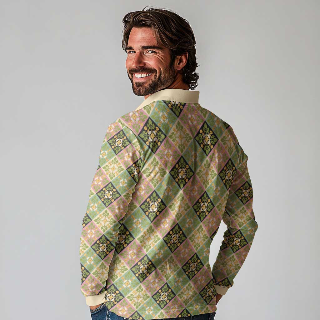 Seamless Pattern Puakenikeni and Kalo Long Sleeve Polo Shirt - Polynesian Pride