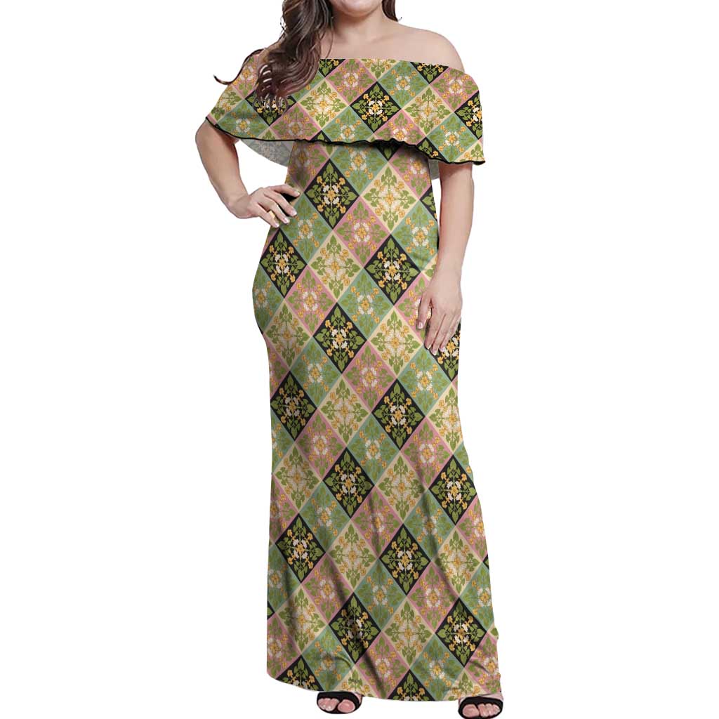 Seamless Pattern Puakenikeni and Kalo Off Shoulder Maxi Dress LT9 Women Beige - Polynesian Pride
