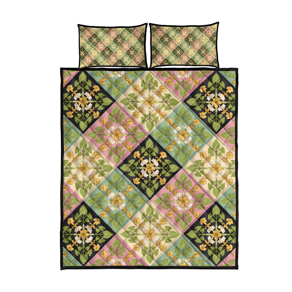 Seamless Pattern Puakenikeni and Kalo Quilt Bed Set - Polynesian Pride